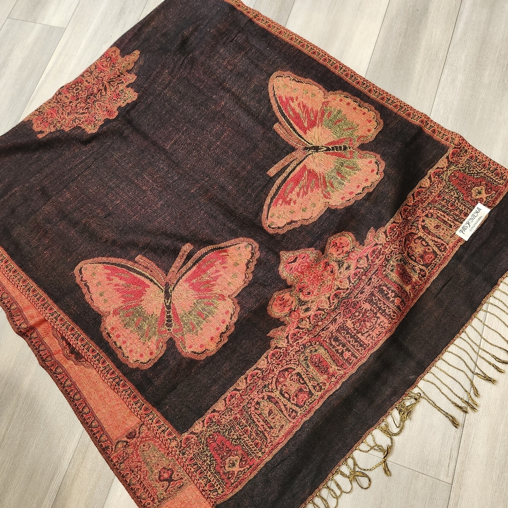 Pashmina scarf women's black orange golden 100% cashmere butterfly wrap bohochic